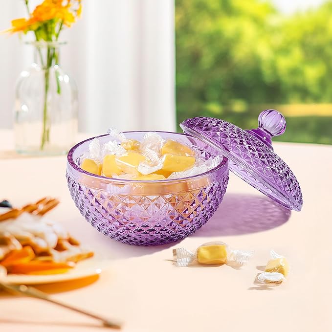 Joeyan 12 oz Small Purple Glass Jewelry Box Jars with Lid,Embossed Glass Candy Dishes,Diamond Faceted Food Container,Decorative Apothecary Canisters,Colored Kitchen Bathroom Buffet Storage Organizer