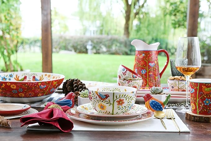 Bico Red Spring Bird Ceramic 2.5 Quarts Pitcher with Handle, Decorative Vase for Flower Arrangements, Dishwasher Safe
