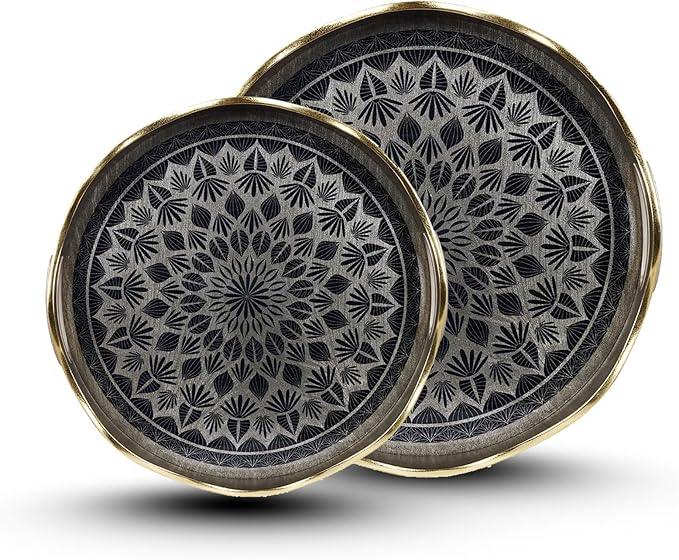 Round Serving Tray with with Handles Antique Look & Stylish Design Decorative Trays for Kitchen Round Ottoman Tray for Dinning Living Room & Home Decor Pack of 2 (Silver-Gold)