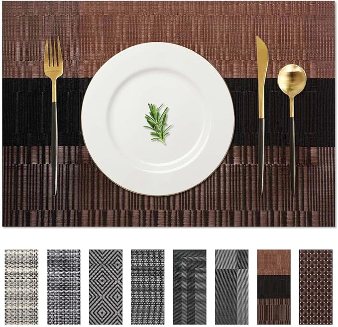 AHHFSMEI Placemats for Dining Table Set of 8 Woven Vinyl Plastic Place Mats Non-Slip Heat Insulation Stain Resistant Table Mats Washable Easy Clean Placemats (Multi Brown 8)