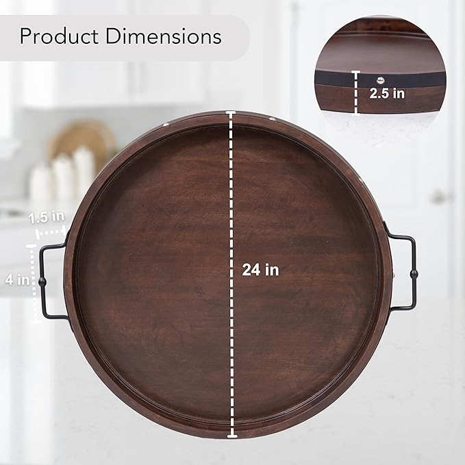 24" Extra Large Round Ottoman Tray, Heavy Duty Mango Wood, for Serving Tea, Breakfast in Bed, Living Room Large Coffee Table Tray Rustic with Farmhouse Style, Decorative Handles and Accent Strap