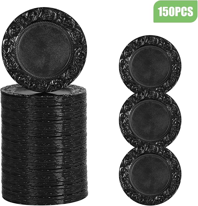 Black Plastic Charger Plates Set of 150, 13” Reusable Party Chargers for Dinner Plates, Elegant Round Service Plate Chargers Bulk Decorative for Wedding, Catering Table Decor