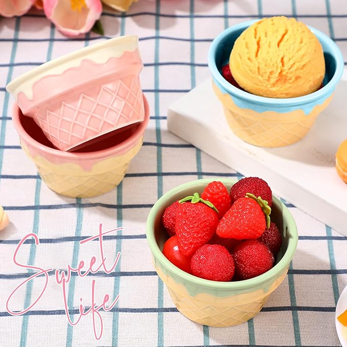 Honeydak 4 Pcs Ice Cream Ceramic Bowls 9 oz Waffle Ice Cream Cups Reusable Sundae Dessert Snack Containers for Christmas Summer Kid Adult Birthday Home Yogurt Soup Bar Party Supplies
