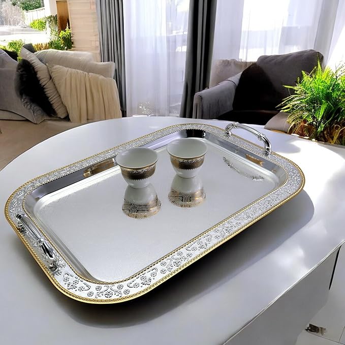 (Pack of 2) 16.5 inch x 11.8 inch Oblong Chrome Plated Serving Tray with Handles Stylish Design Floral Engraved Iron Gold Edge Decorative Party Wedding Buffet Wine Platter Plate FST-012