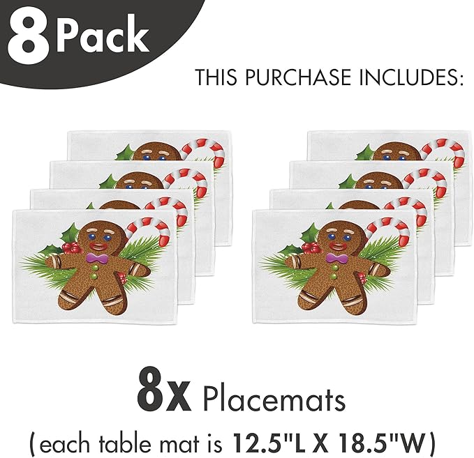 Ambesonne Gingerbread Man Place Mats Set of 8, Tasty Pastry on Coniferous Branches Candy Cane and Holly Berry, Washable Fabric Placemats for Dining Table, Placemat 8 pcs, Brown and Green