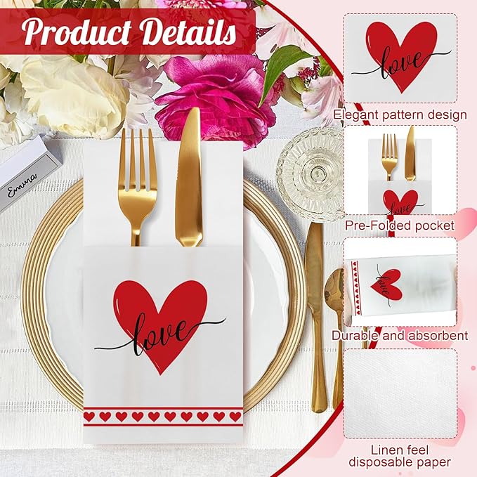 50 Pack Linen-Feel Paper Napkins with Built-in Flatware Pocket, Prefolded Cloth Like Disposable Dinner Napkins Pocket for Kitchen Wedding Bridal Shower Birthday Party Decor (Valentine Love)