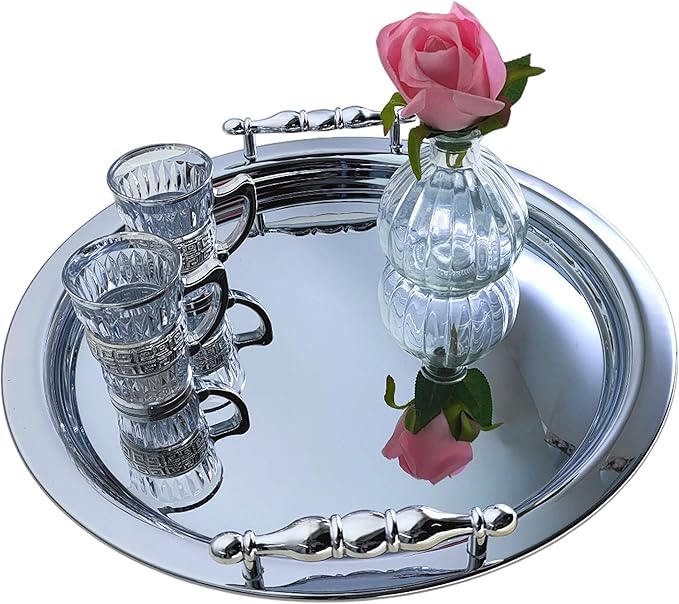 (Pack of 2) 13.8 inch x 13.8 inch Round Chrome Plated Silver Serving Tray with Handles Design Floral Victoria Design Engraved Birthday Wedding Buffet Wine Decor Platter Plate NC-022
