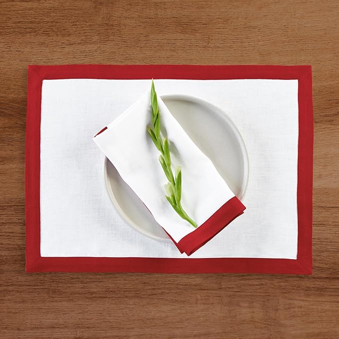 Solino Home Linen Napkins Set of 4-100% Pure Linen Red and White Dinner Napkins Cloth 20 x 20 Inch - Classic, Handcrafted and Machine Washable - Christmas, New Year