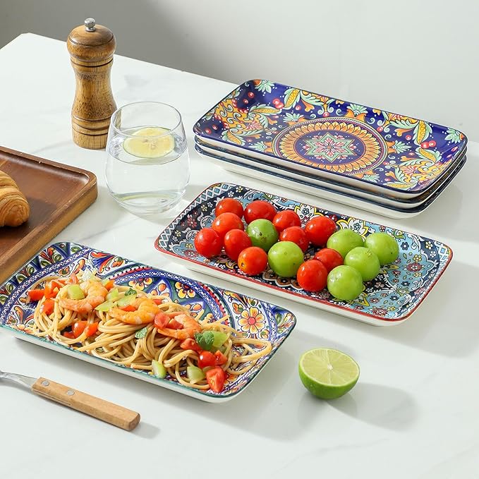 glowworm 10.5 Inch Rectangular Dinner Plates, Ceramic Salad Plates Set of 6, Porcelain Serving Platters for Dessert, Appetizer, Microwave & Oven Safe, Bohemian