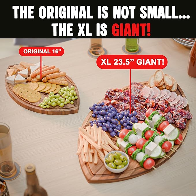 New – Giant Football Shaped Cutting Board – Jumbo Size Acacia Wood Charcuterie Tray – Extra Large Wooden Football Serving Platter for Super Bowl Parties, Tailgate Hosting & Gifts