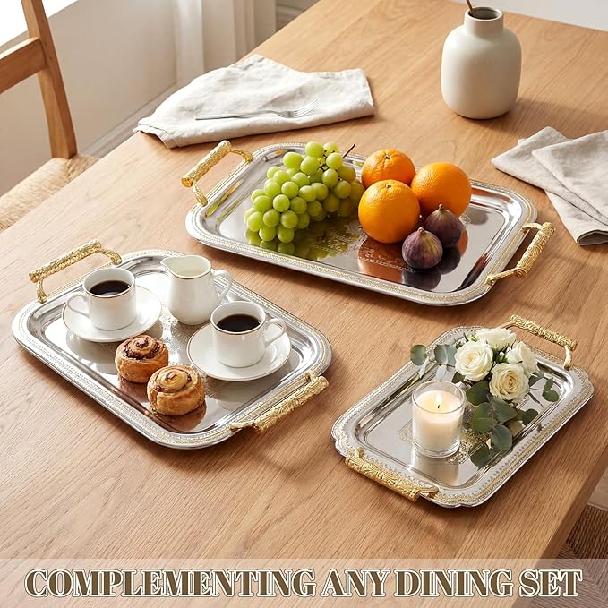 3 Pack Stainless Steel Serving Tray with Gold Handle Silver Metal Plate Platter Coffee Tea Serving Tray Floral Table Platter for Buffet Wedding Party Jewelry(Rectangle)