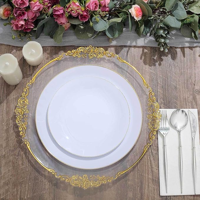 Efavormart 10 Pack | 10" Glossy White Round Plastic Dinner Plates With Gold Rim, Disposable Party Plates