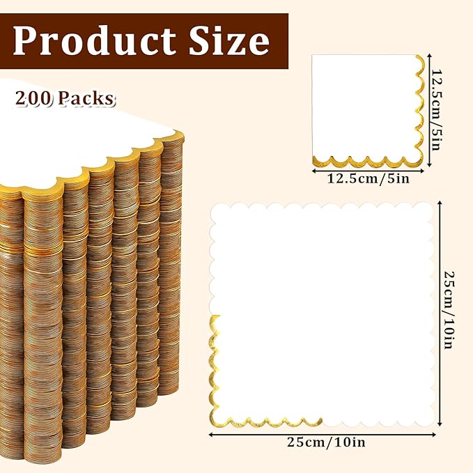 200 Pcs White and Gold Napkins, Scalloped Napkins Cocktail Napkin Paper with Gold Foil Disposable Beverage Napkin Golds Cocktails Napkines Bulk for Dinner Wedding Birthday Party Beverage