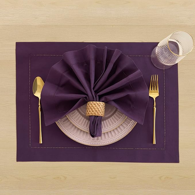 Solino Home Purple Napkins Set of 4 - Cotton Linen Hemstitch Dinner Napkins Cloth 20 x 20 Inch for Valentines - Handcrafted and Machine Washable
