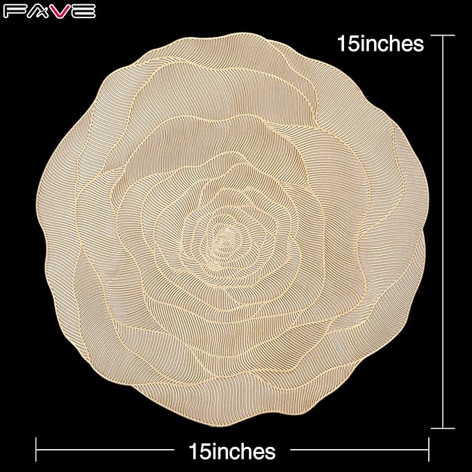 FAVE 6PCS Floral Placemats Golden Placemats Vinyl Placemats Set of 6 for Dining Table Durable Table Mats for Wedding, Banquet, Birthday, Party, Restaurant Decorations（15 x15,Gold Rose）