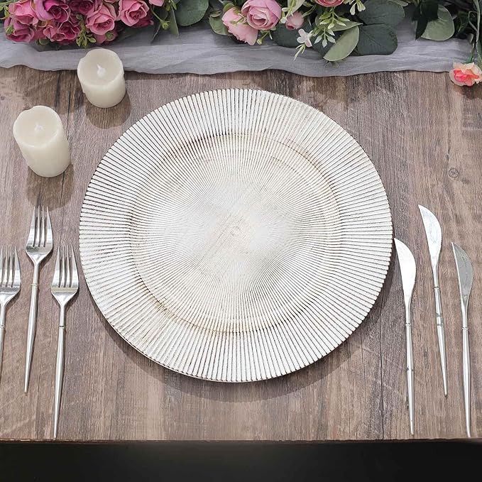 Efavormart 6 Pack | 13" White Washed Sunray Rim Faux Wood Plastic Charger Trays, Round Disposable Serving Plates
