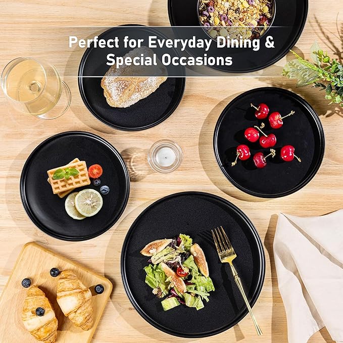 GBHOME Ceramic Dinnerware Sets of 4,Stoneware Plates and Bowls Sets,Chip and Crack Resistant | Dishwasher & Microwave Safe Dishes Set,Scratch Resistant- Service for 4 (12pc)-Matte Black