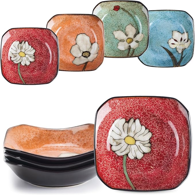 Porcelain Square Dessert Salad Pasta Plates 6.7 inches ceramic plates set of 4 Stackable Dinner Plates for Steak, Pasta, Salad,Dessert，Microwave and Dishwasher Safe (4 colors, 6.7 Inch)