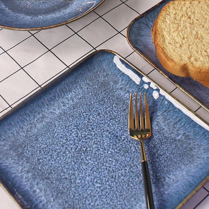 4-piece ceramic dinner plate set, suitable for steak, pasta and pizza, microwave- and dishwasher-safe, scratch-resistant, blue 9-inch square dinner plate
