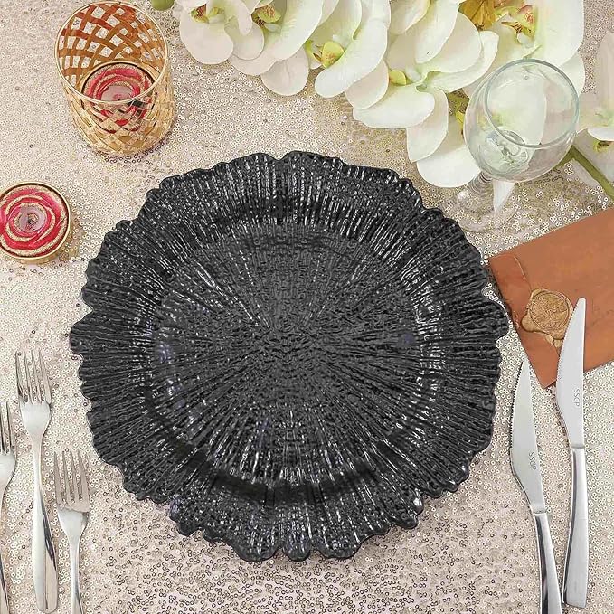 13" Charger Plates - Set of 12 - Acrylic Black Round Reef Disposable Chargers, Ideal for Dinner Party Wedding Holiday Bulk Events