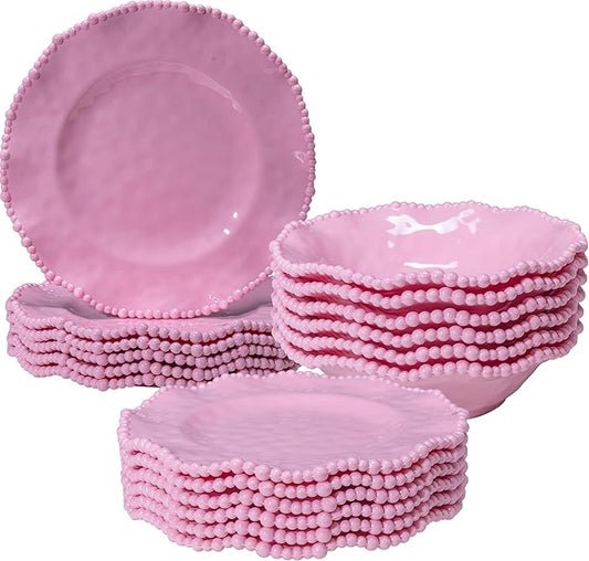Pink Dishes Melamine Dinnerware Sets, 18 Piece Kitchen Plates and Bowls tableware Set, Lightweight, BPA free Beaded Serving Dishes for Girls, Valentine's Day, Mother's Day. Service for 6.