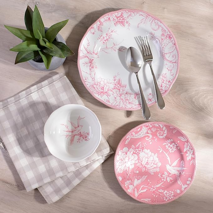 222 Fifth Adelaide Blush 12-Piece Pink Porcelain Dinnerware Set – Service for 4, Plate & Bowl Set, White with Pink Floral Pattern, for Daily Dining & Entertainment, Microwave & Dishwasher Safe