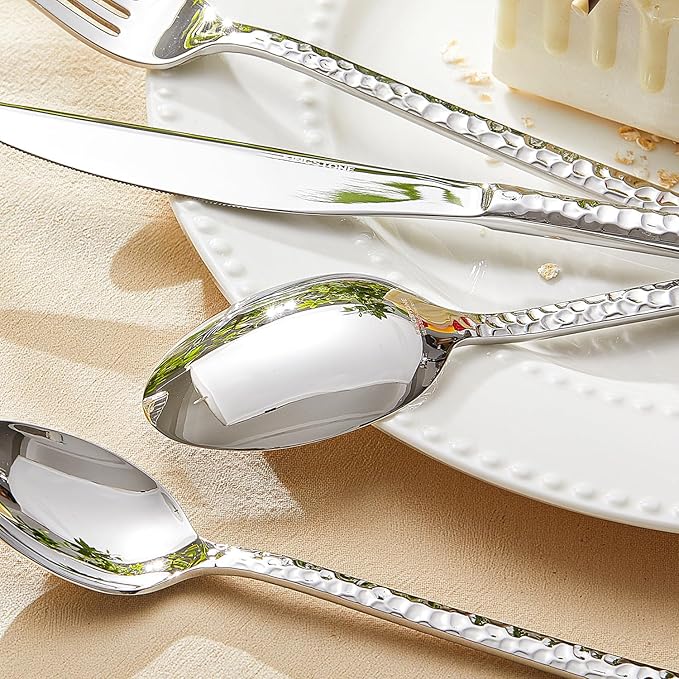 KINGSTONE 60 Piece Hammered Silverware Set and 12 Piece Serving Utensils Set
