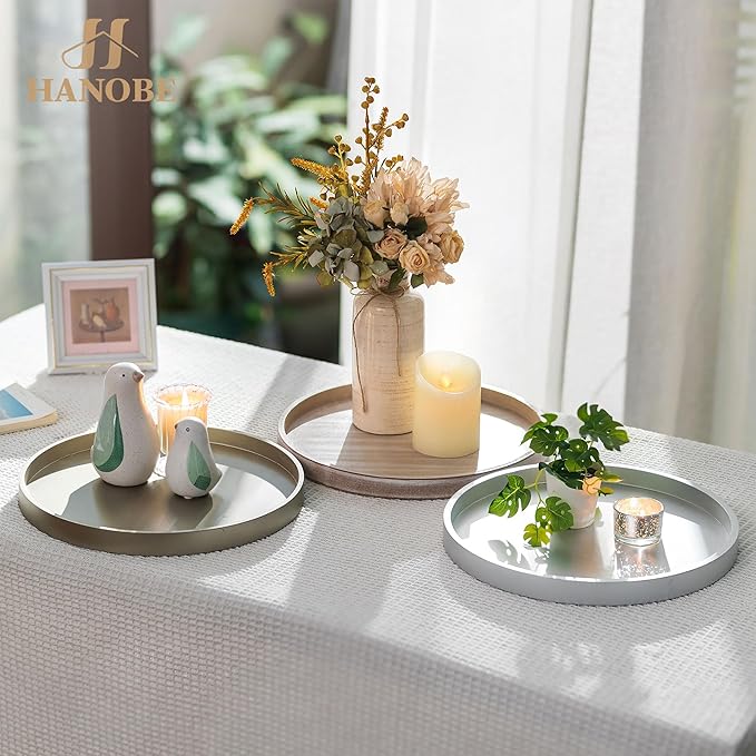 Hanobe Decorative Trays for Coffee Table: Round Sliver Tray for Home Decor - 12" Modern Circle Ottoman Trays for Living Room - Candle Holder Plate for Kitchen Entryway Table