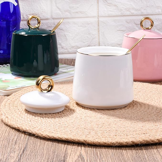 Ceramic Sugar Bowls with Stainless Steel Spoon Salt Bowl with Lid for Home and Kitchen White