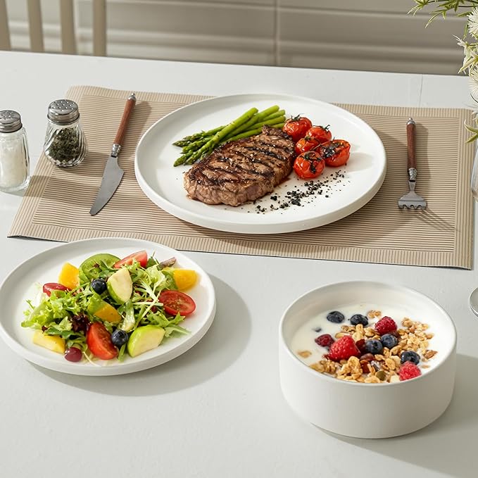 12 Piece Ceramic Dinnerware Set for 4, Modern Minimalist Stoneware Dinner Plates and Bowls, Microwave Safe, Dishwasher Safe, Versatile for All Seasons, Matte White