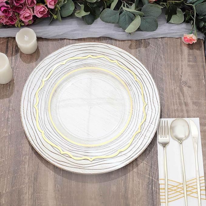 Efavormart 6 Pack | 13" White Washed Rose Embossed Faux Wood Plastic Charger Trays, Round Disposable Serving Plates
