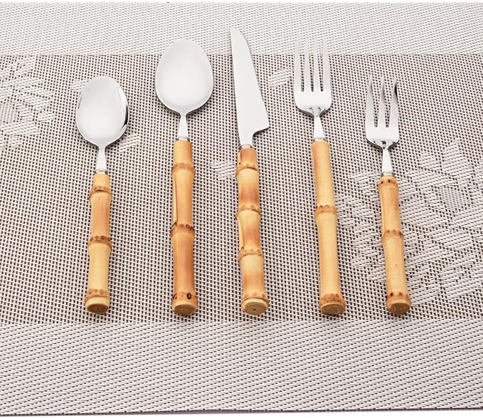 Gugrida 20pcs Flatware Silverware Serving Set Silver Stainless Steel Hostess Serving Utensil Set with Bamboo Handle Dishwasher Safe, 20pieces Service for 4