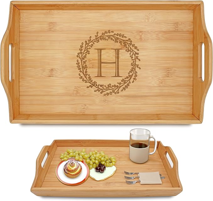 Personalized Bamboo Wood Serving Tray with Handles, Engraved Wooden Trays, Wedding Gifts, Housewarming Gifts (Monogram Wreath)