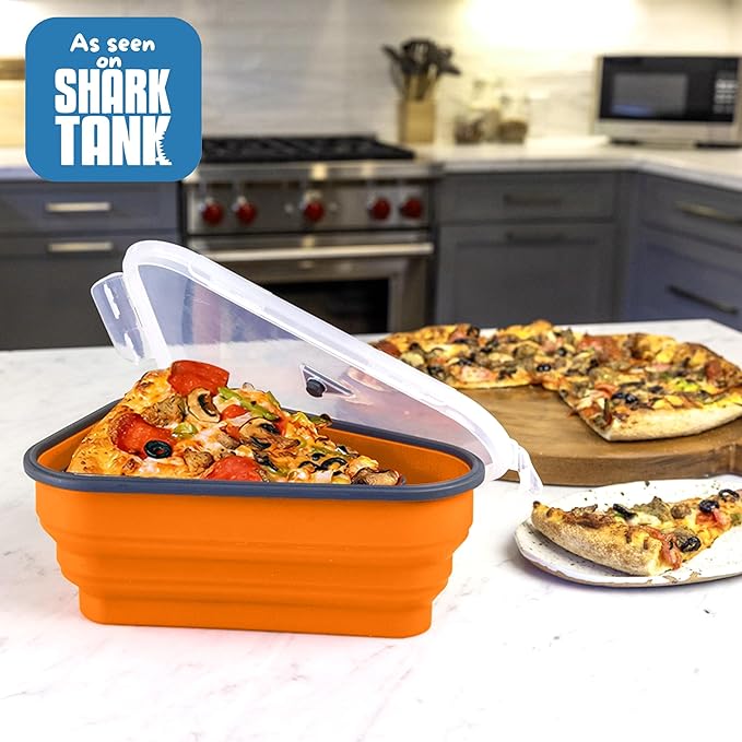PIZZA PACK The Perfect Reusable Pizza Storage Container with 5 Microwavable Serving Trays - BPA-Free Adjustable Pizza Slice Container to Organize & Save Space, Orange 3 pk