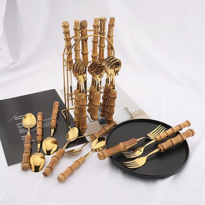 Bamboo Silverware set, 25 PCS Natural Bamboo Flatware Set with Holder, Stainless Steel Forks Spoons and Knives set with Bamboo Handle, Gold Cutlery Set with Stand, Service for 6