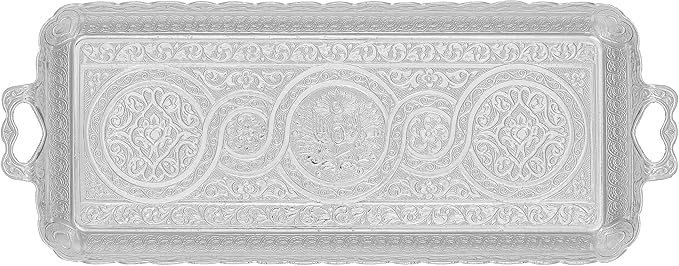 Alisveristime Turkish Ottoman Coffee Tea Beverage Serving Rectangle Tray (Small Tray) (13 INC*5.5 INC) (Silver)