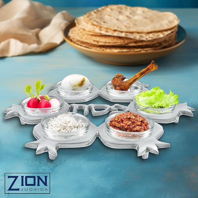 Zion Judaica Artistic Passover Seder Plate Silver Pomegranates Carved Pesach Seder Tray Shiny Aluminum with 6 Glass Liners for Symbolic Sader Foods Marked in Hebrew and English Traditional Sayder Dish