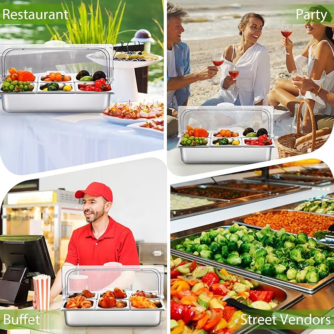 6 Pan Chilled Buffet Server Stainless Steel Countertop Food Serving Display Container with Clear Roll Top Cover Serving Tray Buffet Condiment Dispenser Ice Cooled Food Display Rack
