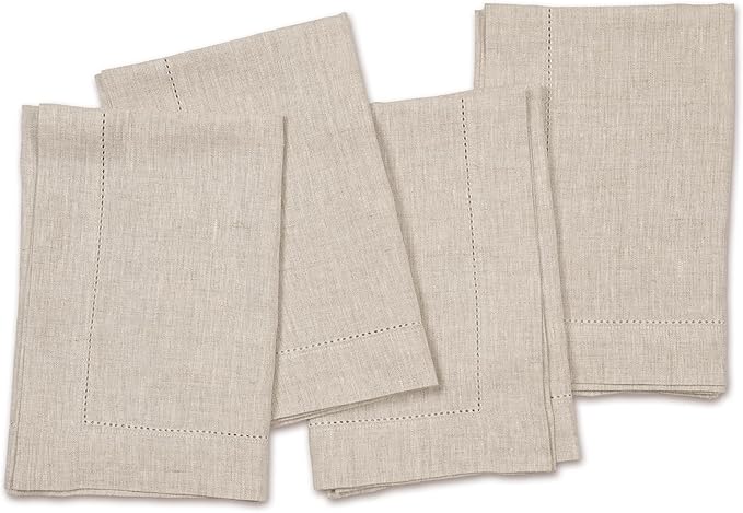 Home Ekaa Linen Light Natural Dinner Napkins Set of 4-100% Pure Linen Cloth Fabric, Hemstitch Dinner Napkins 20 x 20 Inch for Dining, Dresser, Thanksgiving, Christmas, Fall - Lino