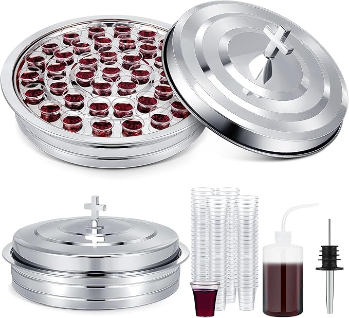 Zhehao 1 Set Holy Communion Trays for Churches with Lid, Churches Cup Fillers, 100 Disposable Communion Cups (Silver)