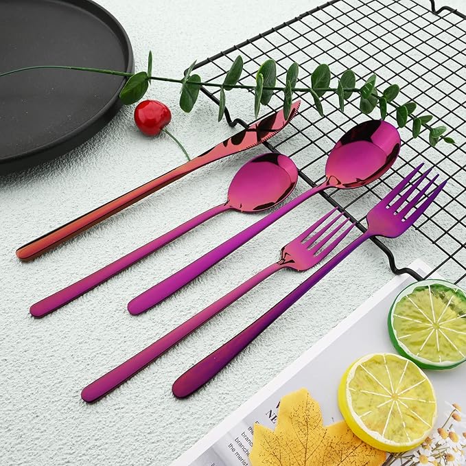 30pcs Korean Style Silverware Set Reusable Metal SUS304 Stainless Steel Fork Spoon Set Metal Portable Flatware Set Utensils Dishwasher Safe Mirror - Purple