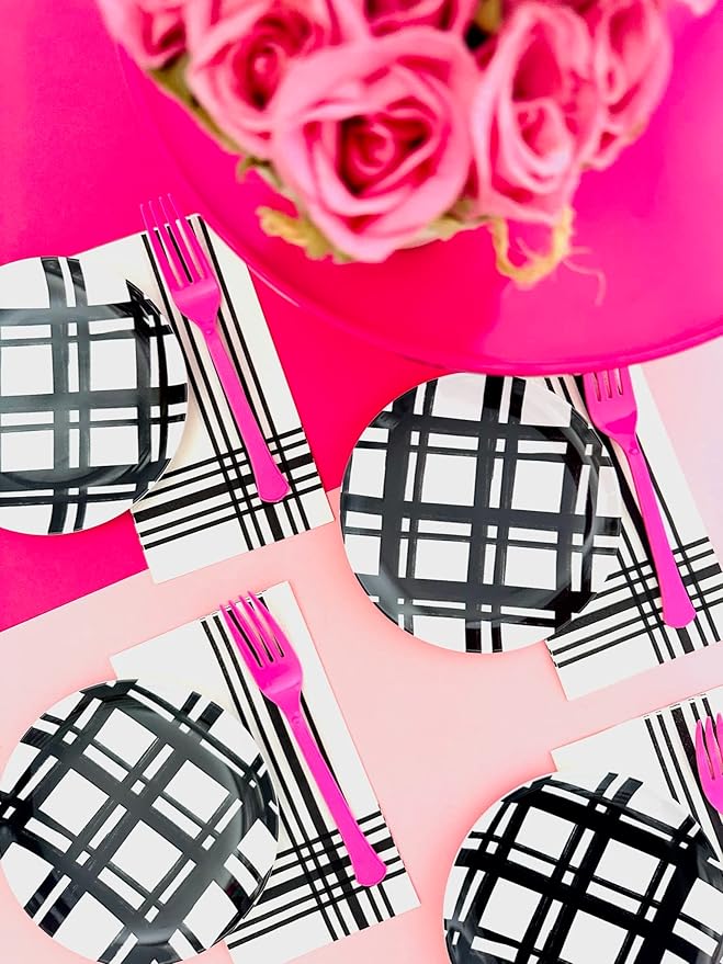 Sprinkles & Confetti Melamine Plate Set 6" Appetizer Plates, Reusable Outdoor Dinnerware for Entertaining, Patio & Picnic | Modern Black Plaid Design, Durable & Stylish Dish Set (Set of 4)