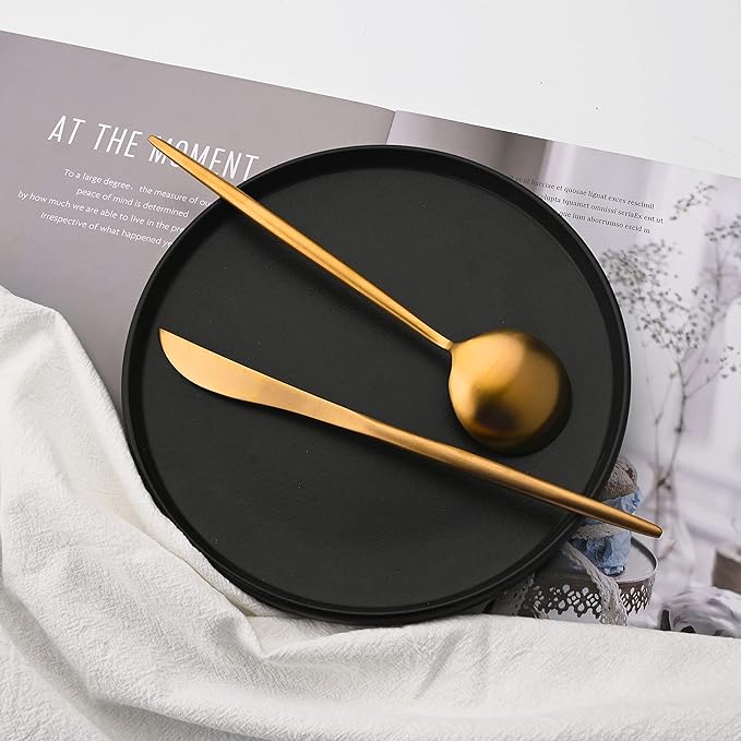 Flatware Set 18/10 Stainless Steel Matte Gold - Kitchen Utensil Serving Set of Dinner Fork Knife Spoons Salad Fork Dessert Spoon,5 Piece Set of 1, for Home Kitchen Restaurant Hotel