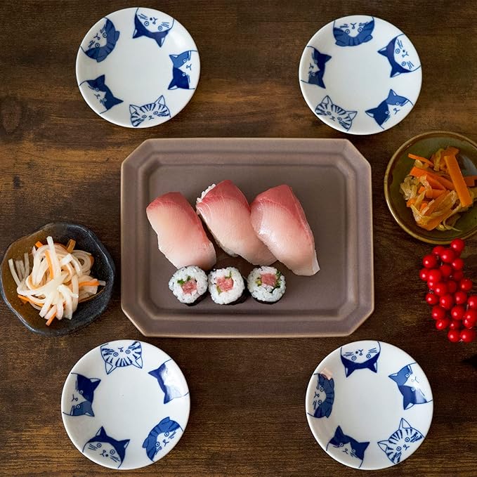 Japanese Cat Design Ceramic Small Plates - Set of 4 - Great for Sushi, Dips, & Desserts, Cat Quintet