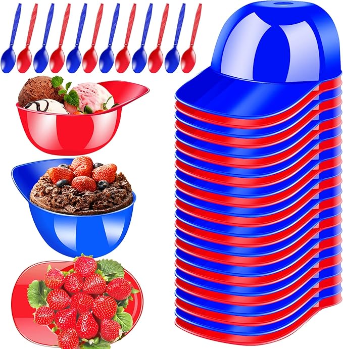 24 Pack Baseball Helmet Ice Cream Bowls with Spoons,8 oz Plastic Baseball Helmet Snack Dessert Bowl,Mini Baseball Cap Bowls for Ice Cream Party Supplies Birthday (Red,Bule)