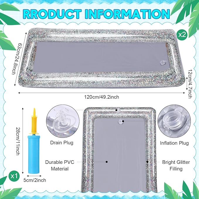 8 Pcs Glitter Inflatable Serving Bar Kit Includes 2 Salad Buffet Tray with Drain Plug 5 Mesh Food Cover 1 Inflator Inflatable Food Drink Containers for Outdoors Pool Party Camping(Silver)