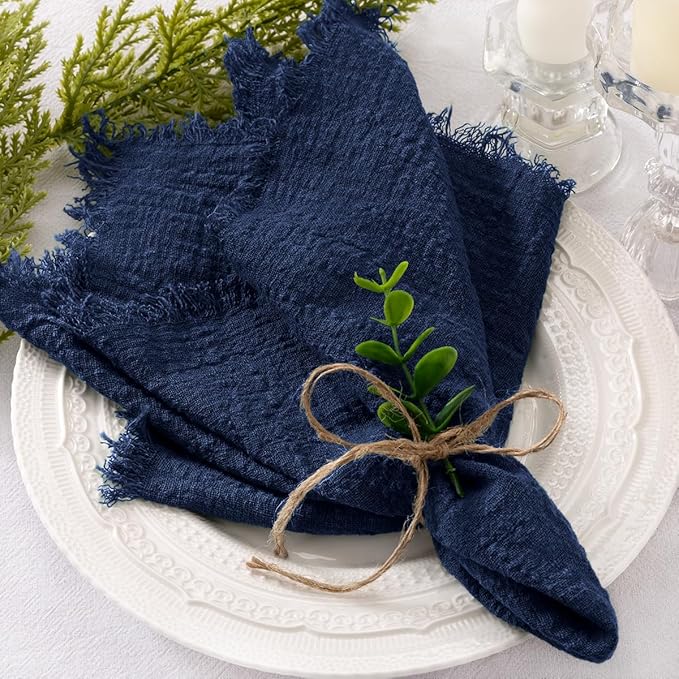 Socomi Set of 12 Linen Napkins Navy Blue Easter Spring Cloth Napkins Washable Cotton Dinner Napkins Fringe 17"x17" for Wedding Party Bridal Baby Shower Birthday Table Decorations