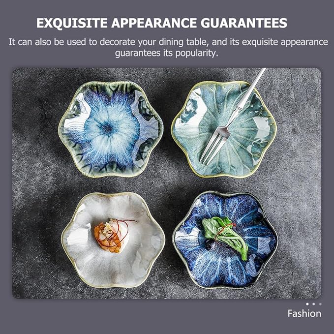 3pcs Ceramic Sauce Dishes Set, Assorted Lotus Leaf Design Appetizer Plates in Blue Gradient, Original Straw, and Vintage White for Condiment Serving and Dining Random Color
