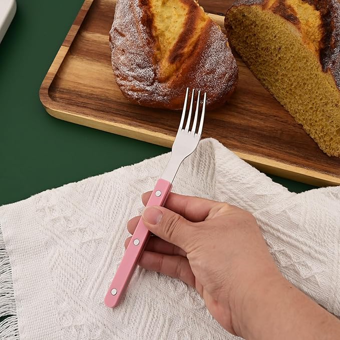 20 PCS Stainless Steel Flatware Set for 4, Silverware Set with Colored Handles, Retro Style Forks Spoons and Knives Set, Vintage Eating Utensils, Pink Acrylic Handle with Rivets Design