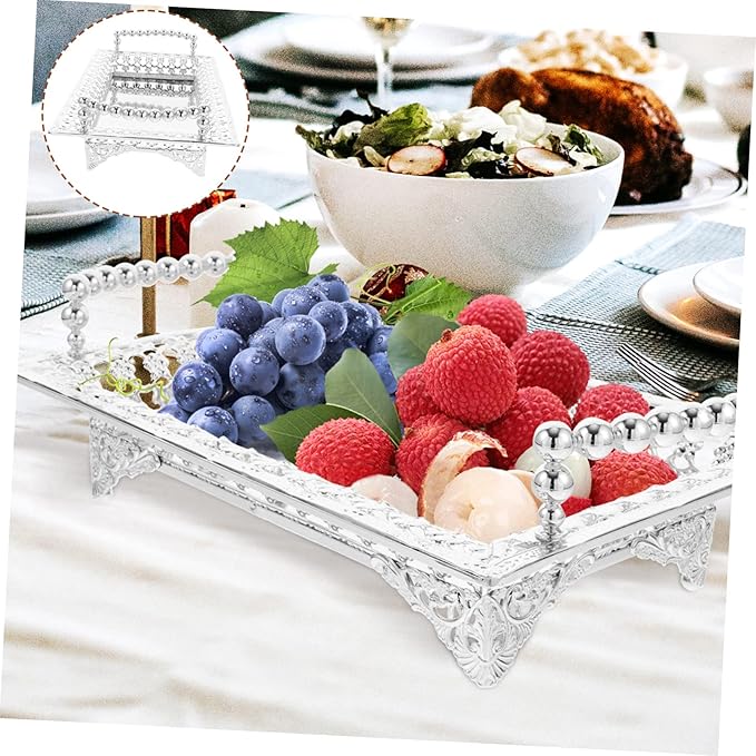 Nordic Style Metal Fruit Plate with Handle Mirrored Snack Tray for Fruits and Appetizers Silver Color Decorative Serving Tray for Residential and Commercial Use